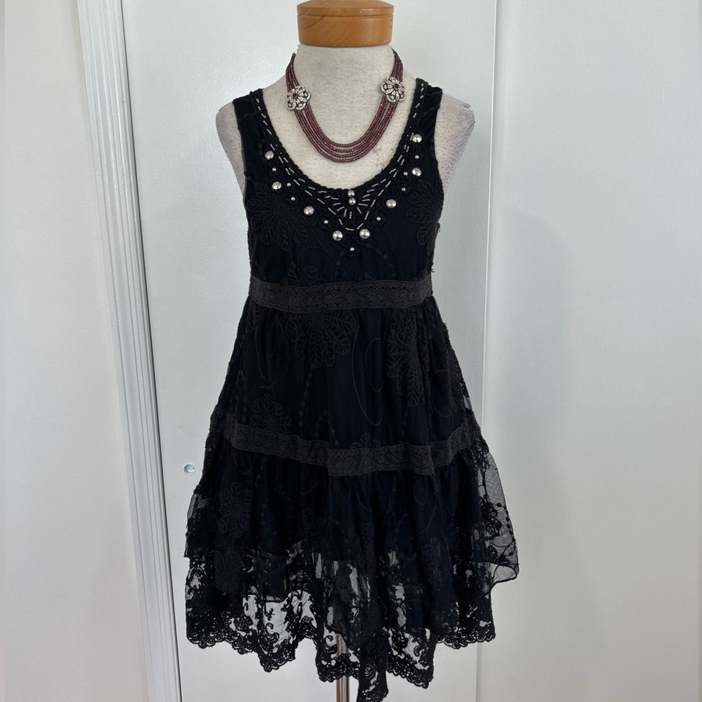 SALE! Black lace tiered mini dress bohemian embroidered pattern silver beaded